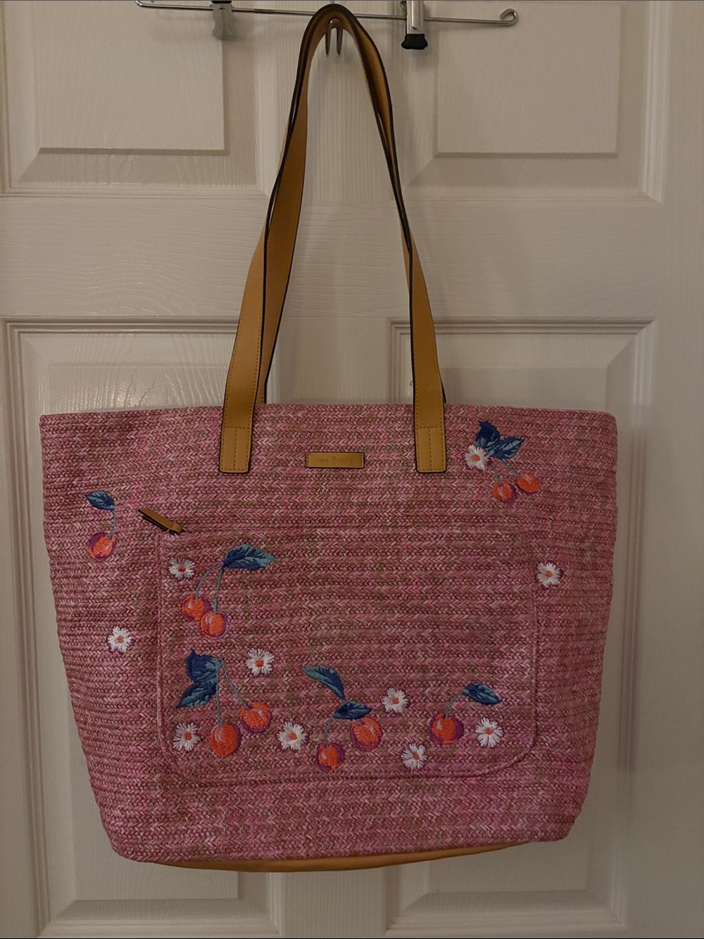 Vera Bradley Pink Floral Tote Bag with Tan Handles. 19 x 14 x 6.